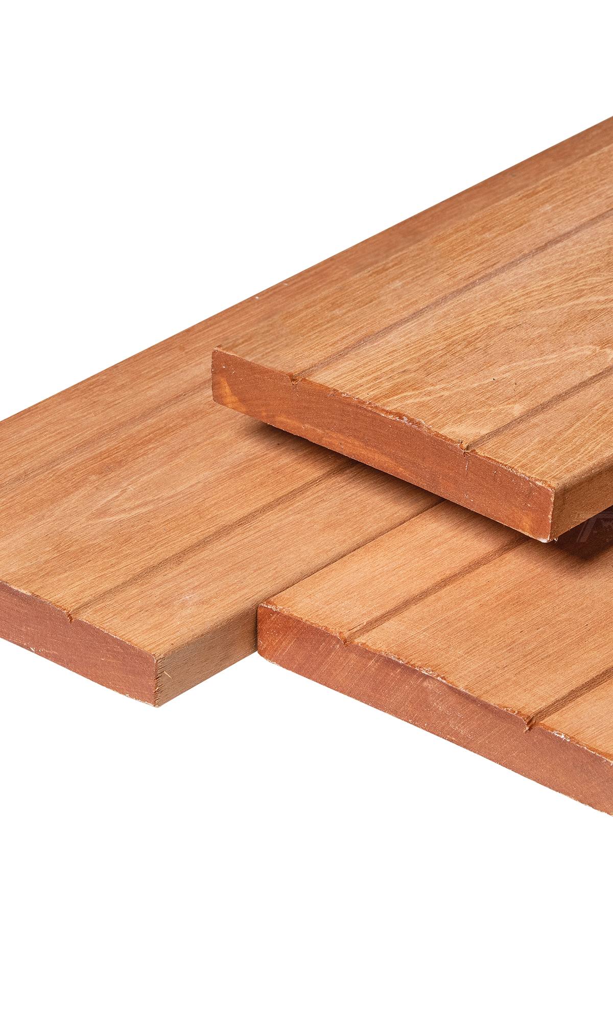 Bangkirai hardhout vlonderplank 2,8 x 19,0 x 365 cm kunstmatig gedroogd, geschaafd, 1 zijde 2 V-groeven
