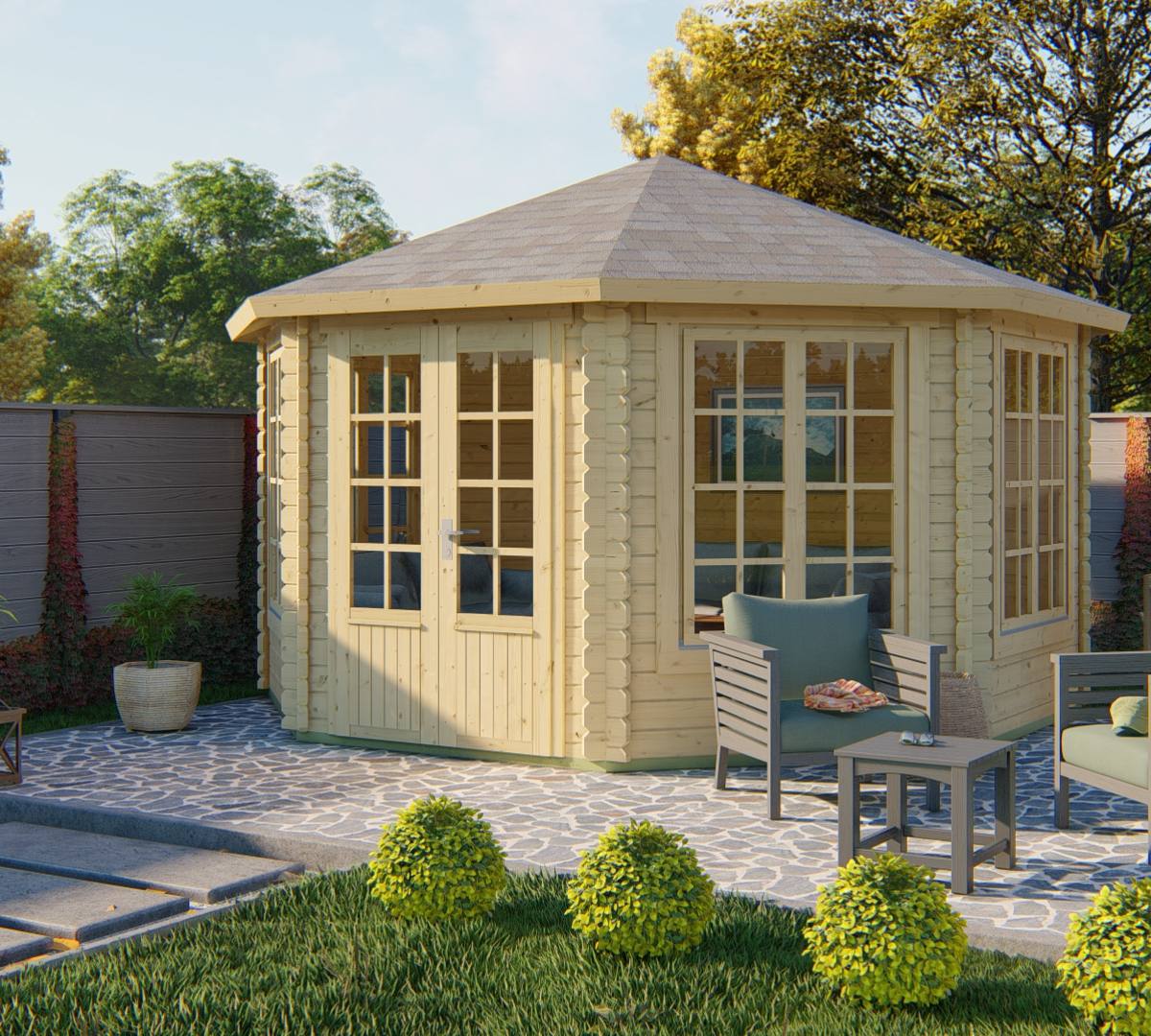 Blokhut - Tuinhuis Lynn | 44 mm | vuren honinggeel geïmpregneerd