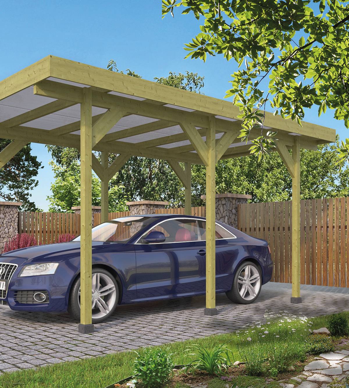 Carport Enkel/Aanbouw met PVC dakplaten vuren groen geïmpregneerd L500 x B300 cm