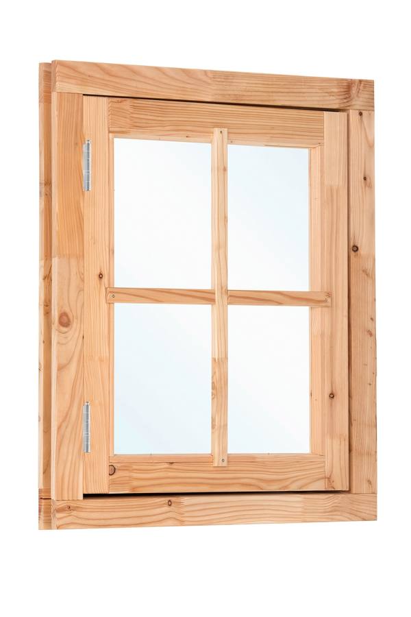Douglas draairaam dubbelglas buitenmaat B90 x H105 cm onbehandeld, 4-ruits, linksdraaiend, afsluitbaar met raamkruk met RVS beslag