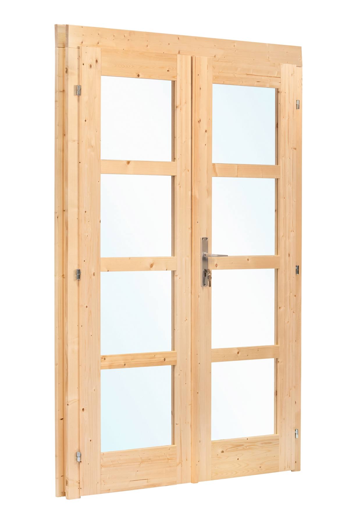 Dubbele deur+kozijn, vuren, enkel glas D1