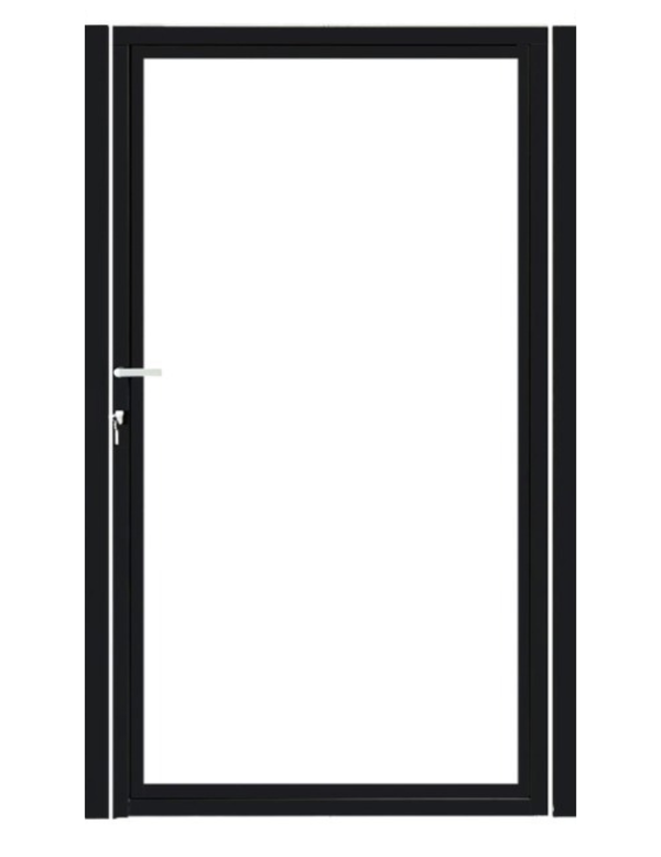 Enkele stalen poort, zwart gepoedercoat, fijnstructuur, incl. hang- en sluitwerk (t.b.v. profielen 21mm dik)