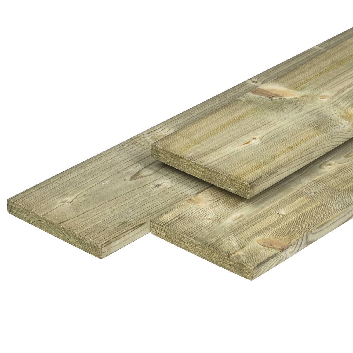 Grenen plank 1,5 x 14,0 x 180 cm, vers, groen geïmpregneerd, geschaafd, 4 ronde hoeken
