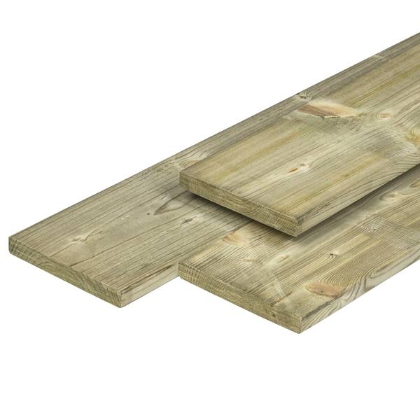 Grenen plank 1,5 x 14,0 x 180 cm, vers, groen geïmpregneerd, geschaafd, 4 ronde hoeken