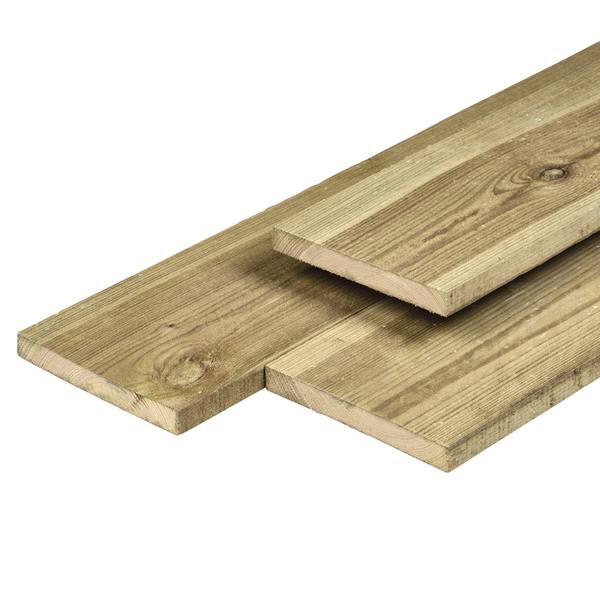 Grenen plank 1,6 x 14,0 x 180 cm, vers, groen geïmpregneerd, geschaafd, 4 ronde hoeken