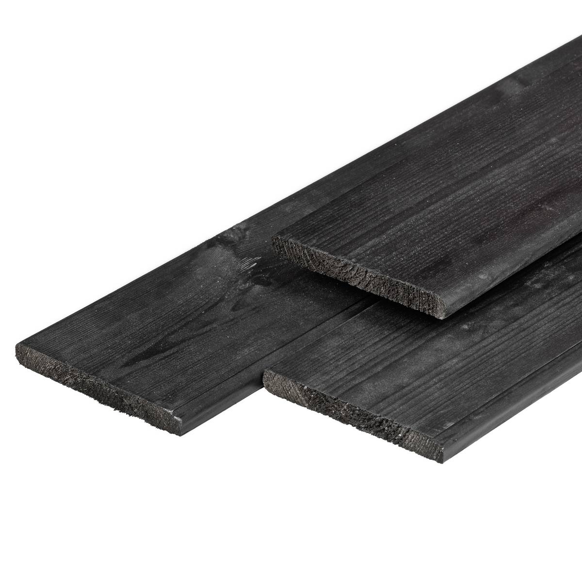 Grenen plank 1,6 x 14,0 x 400 cm, vers, zwart gespoten, geschaafd, 4 ronde hoeken