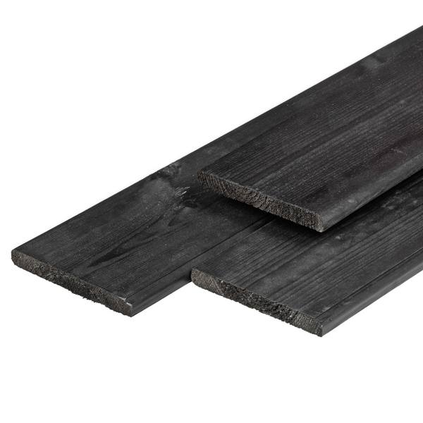 Grenen plank 1,6 x 14,0 x 400 cm, vers, zwart gespoten, geschaafd, 4 ronde hoeken