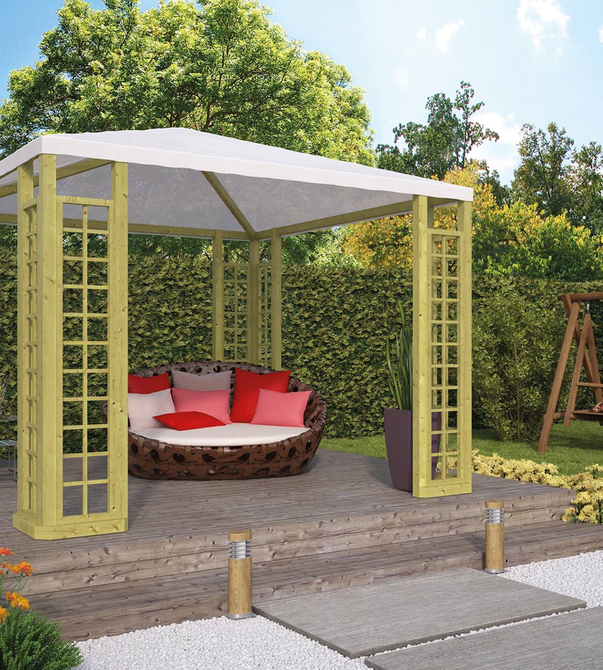 Houten paviljoen met zeildoek vuren groen geïmpregneerd