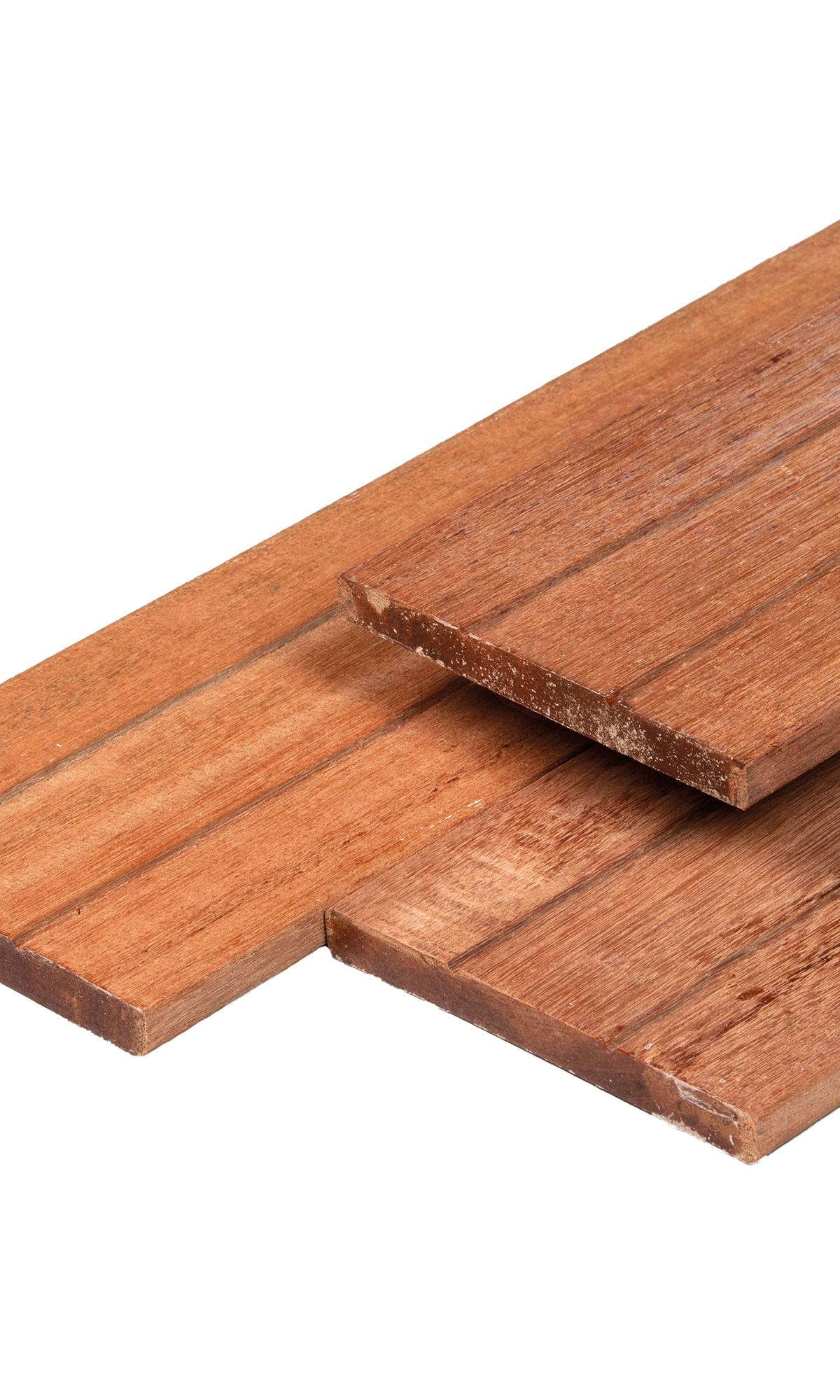 Keruing hardhout plank 1,4 x 14,0 x 180 cm kunstmatig gedroogd, geschaafd, 1 zijde 2 V-groeven, 4 ronde hoeken