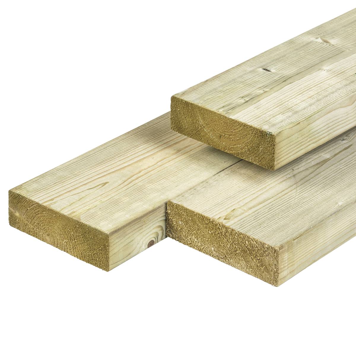NE vuren ligger 4,5 x 14,5 x 300 cm, gedroogd, groen geïmpregneerd, geschaafd, 4 ronde hoeken