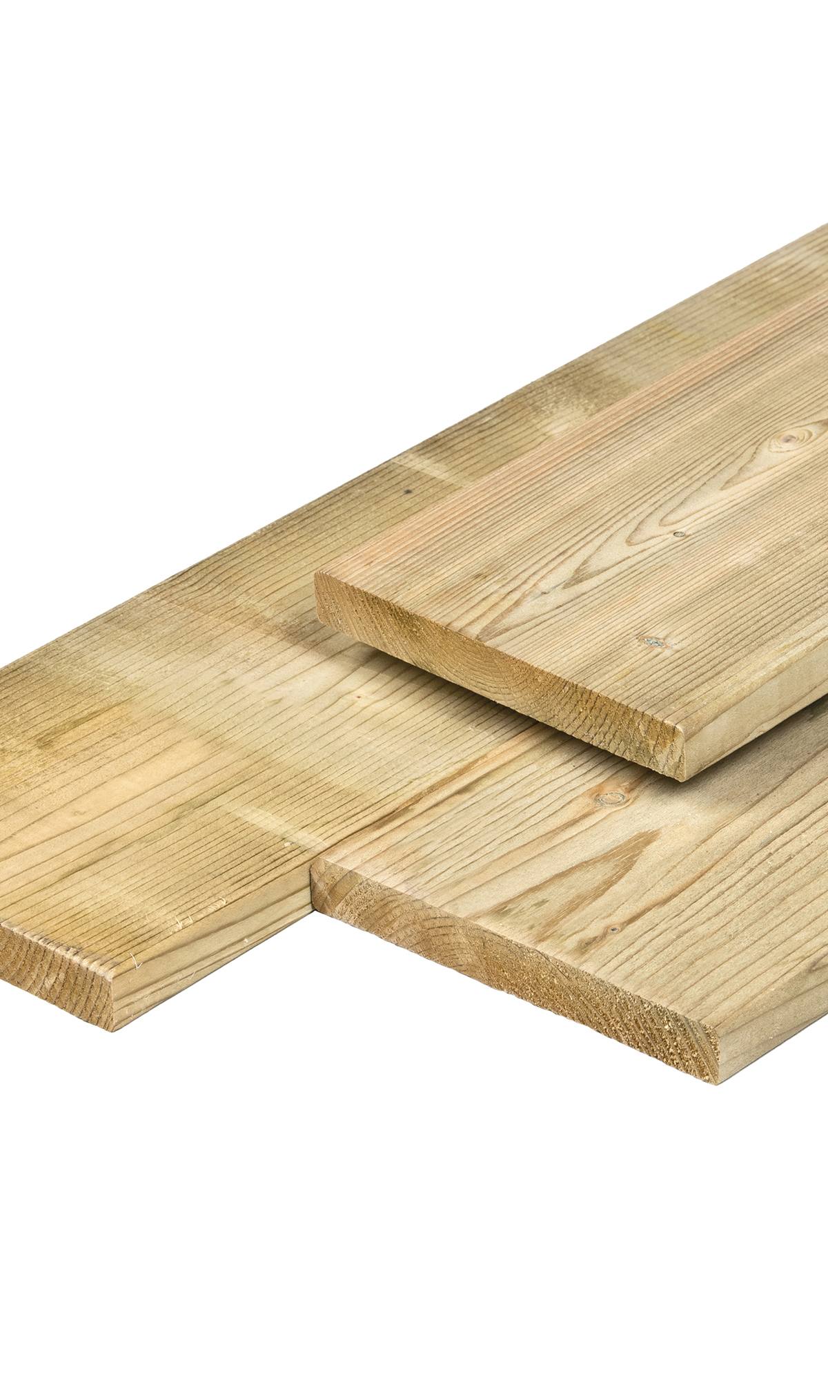 NE vuren plank 1,9 x 14,5 x 240 cm, vers, groen geïmpregneerd, geschaafd, 4 ronde hoeken