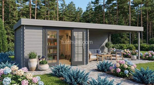 Tuinhuis Kudelstaart met overkapping 3,3x7,36 28mm