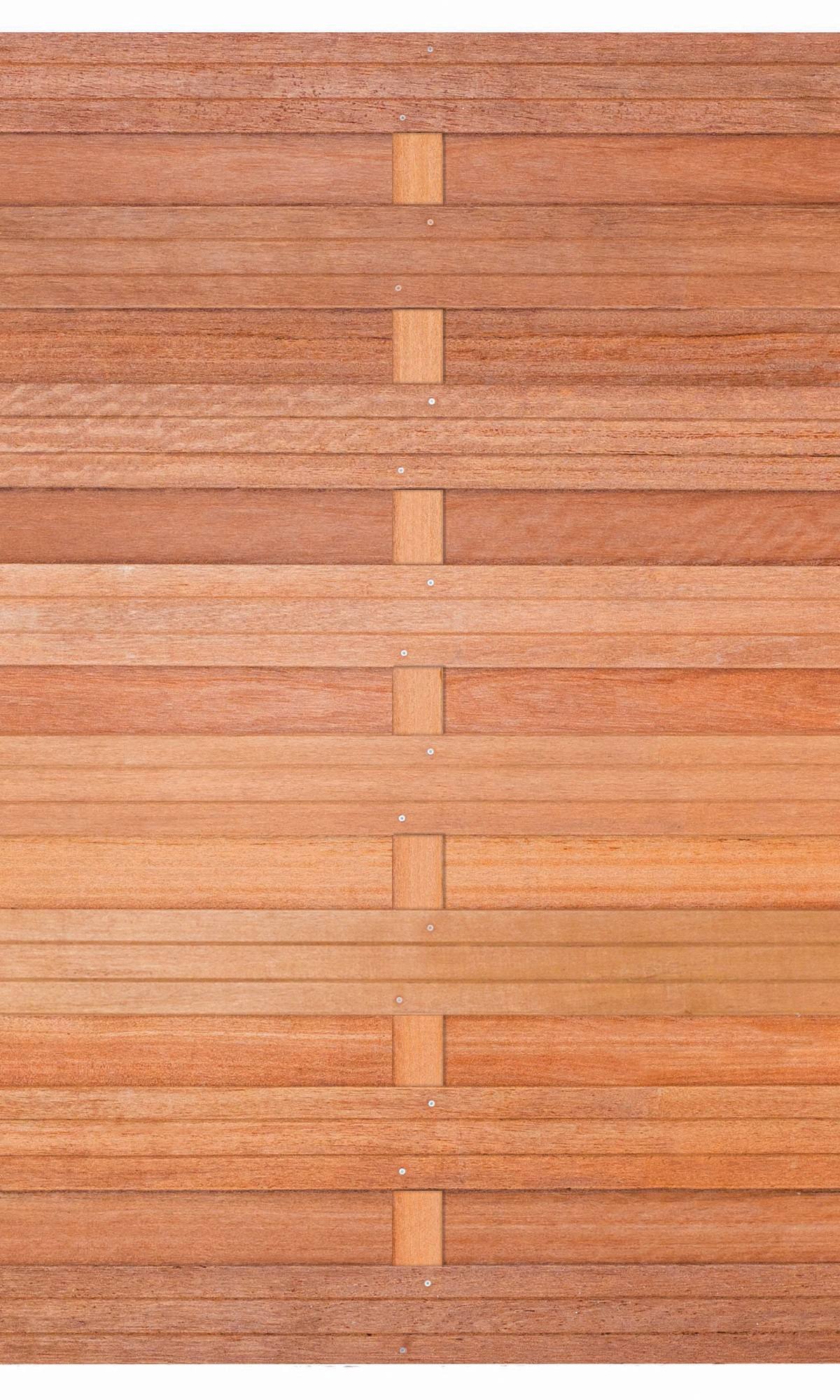 Tuinscherm Bronkhorst, keruing hardhout, RVS-geschroefd, horizontaal, 18-planks (15+3) 180 x 180 cm