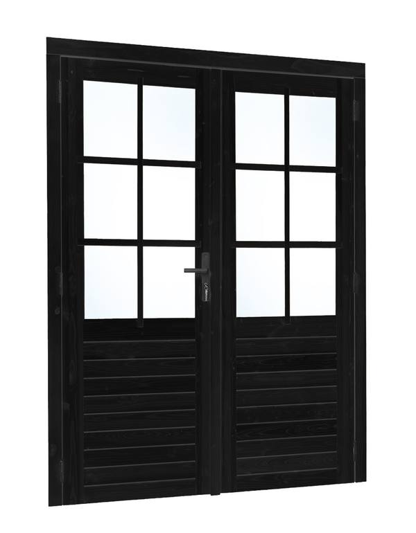 Vuren dubbele glas deur 6-ruits zwart gespoten B1850xH2050mm buitenmaat, linksdraaiend