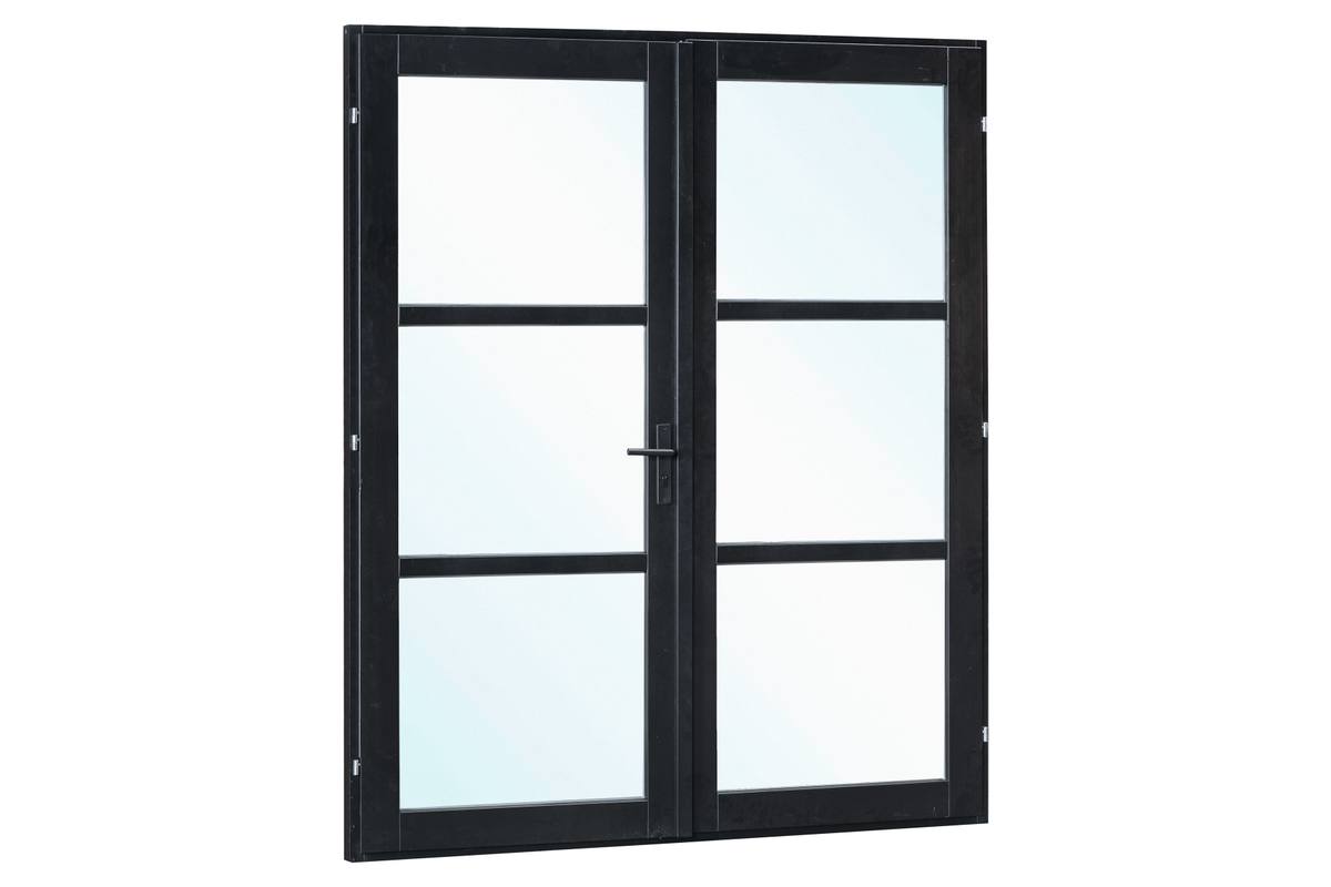 Vuren steellook dubbele glas deur zwart gespoten B2050xH2120mm buitenmaat, linksdraaiend